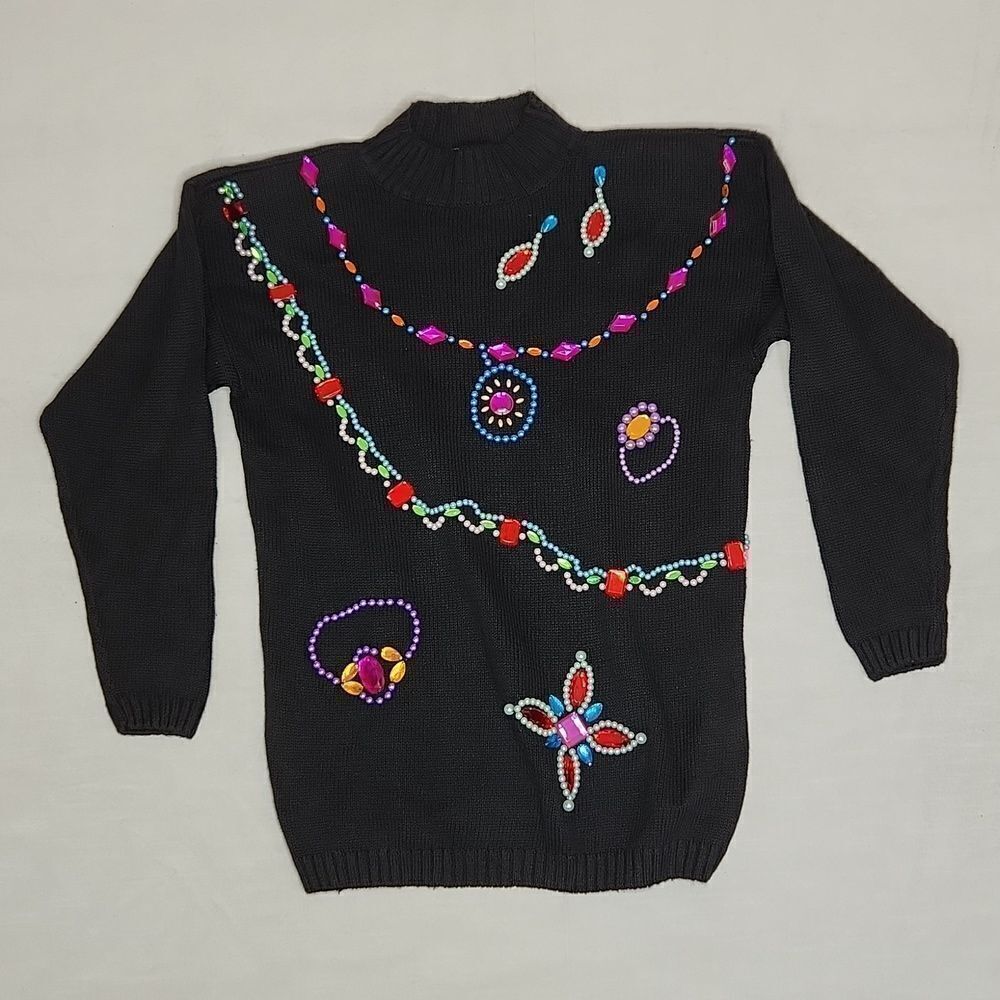 Victoria Jones Vintage Beaded Embellished Sweater Women’s M Black Shoulder Pads